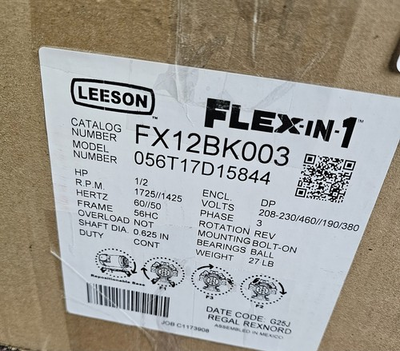 #ad Leeson Motor #056T17D15844 1 2 HP 3 Phase 1725 RPM 115V $400.00