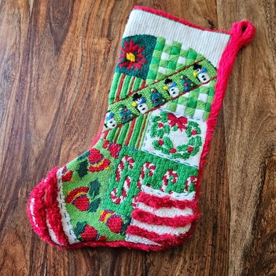 Vintage Handmade Needlepoint Christmas Stocking Patchwork Snowman Red Faux Fur