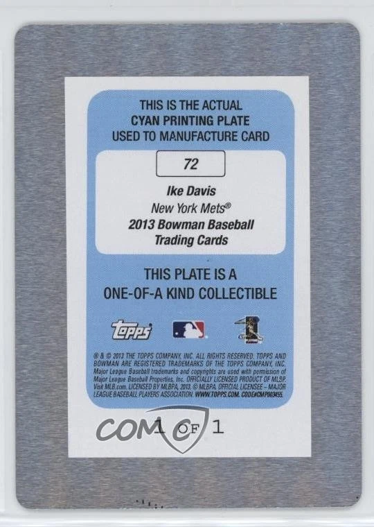 2013 Bowman Printing Plate Cyan 1/1 Ike Davis #72 q3x - Image 2 of 3