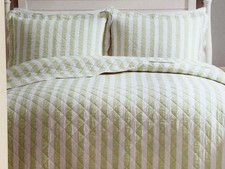 Laura Ashley LILLIE Sage Green Striped Scallop Edge QUEEN Size Quilt Set COTTON