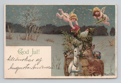 Postcard Mailick 479 Erika God Jul Green Santa Angels Two Deer Sleigh Gold Gilt