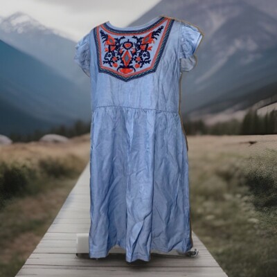 Bohemian Flutter Sleeve Chambray Embroidered Floral Dress Knee Length Rayon  Blnd | eBay