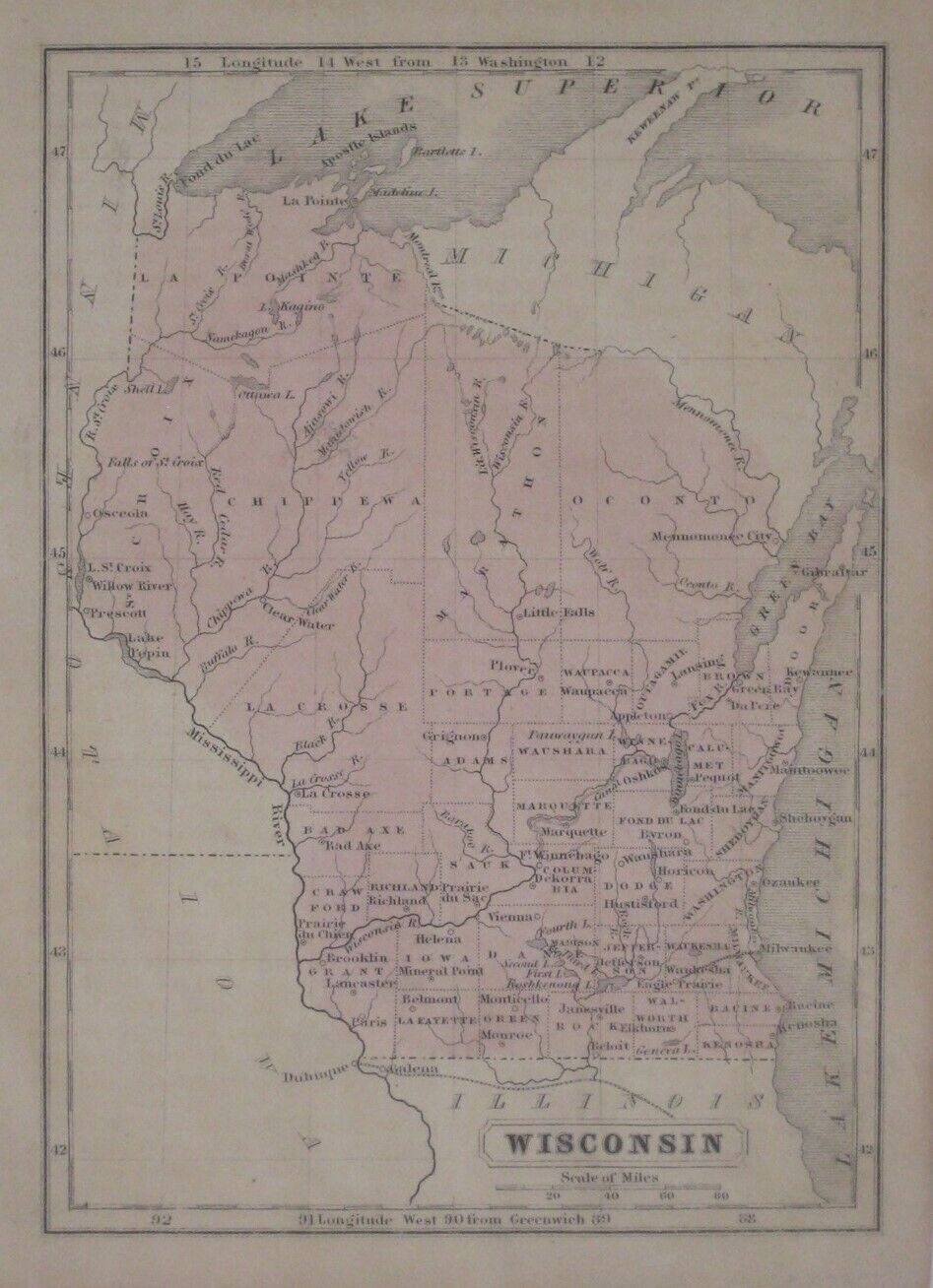 Original 1853 Hand-Colored Map WISCONSIN 39 Counties Canal Fox River Green Bay