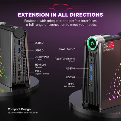 Acemagic S3A Game MINI PC AMD R7 5700U 32GB RAM 1TB SSD 4K Display