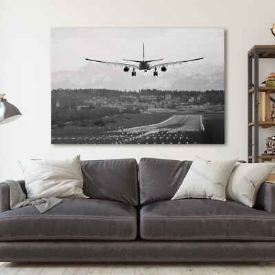 Airplane Landing Black and White Planes Canvas Print Wall Art
