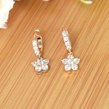 Gold Plated CZ Flower Huggie Hoop Earrings, Dangly Flower Earrings