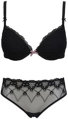 Ex-Store Embroidered Padded Plunge Bra & High Leg Knickers Set
