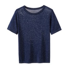 Damen Glitzer Strickpullover T-Shirt Schlank Kurzarm Dünner Pullover Top Sommer