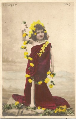 POSTKARTE FANTASIE KIND MIT FRÜHLING UND FLORA