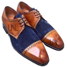 Men's Two Tone Oxford Cap Toe Suede  Real Leather Lace Up Formal Shoes Custom