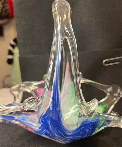 Vtg Rainbow Murano style Hand Blown Glass Basket/ Trinket Dish EUC READ