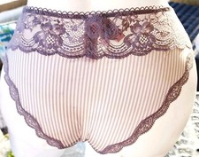 Victorias secret Rare Vintage L Striped Satin   Taupe Lace Cheeky Bikini Panty