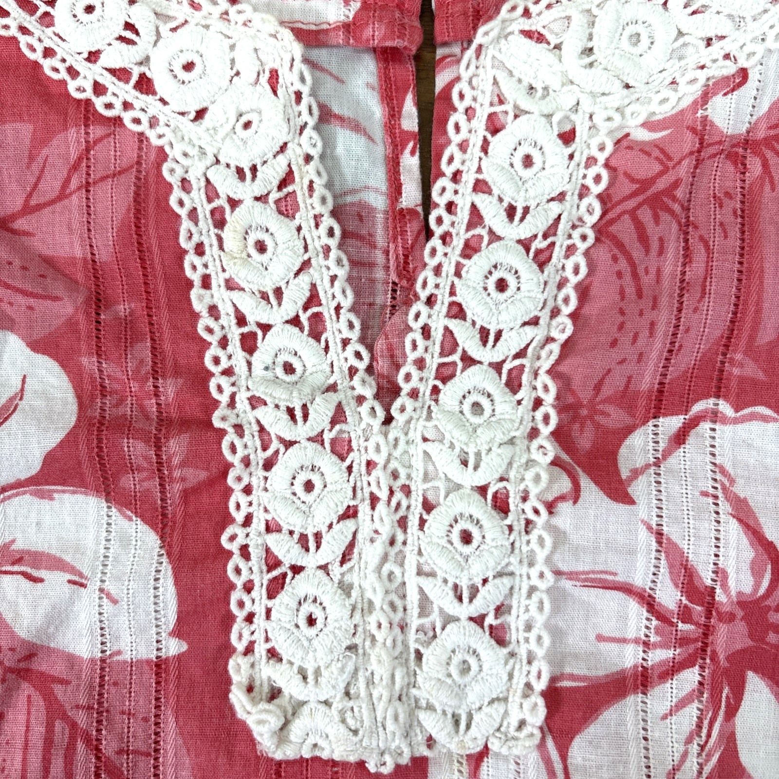 Rebecca Malone Red & White Crochet Trim Floral Relaxed 3/4 Slv Shirt Size XL