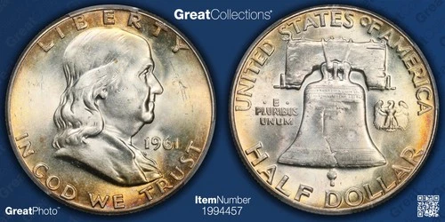 1961 Franklin Half Dollar Pcgs ms 64 Gold Toning