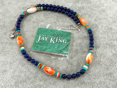 Jay King DTR Orange Spiny Oyster Turquoise Lapis Lazuli Beaded Necklace Sterling