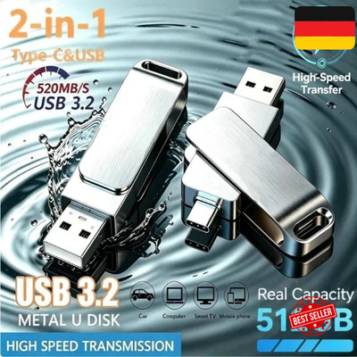 1x 512GB USB Stick Typ C & USB 3.2 Speicherstick Metall OTG Handy Laptop PC