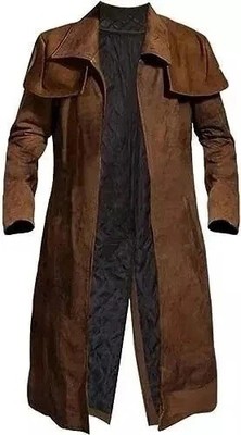 Men's Brown Faux Leather Duster Coat | Long Fallout Trench Style Overcoat