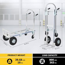 2-in-1 Aluminum Hand Truck Dolly Cart 800lb Platform, 10in Pneumatic Wheels