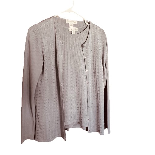 Casual Corner Women Silk Twin Set Cardigan & Short Sleeve Sweater Gray Sz L
