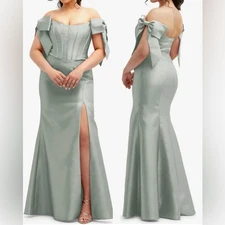 NEW Alfred Sung Off the Shoulder Bow Corset Satin Trumpet Gown willow Sz 2