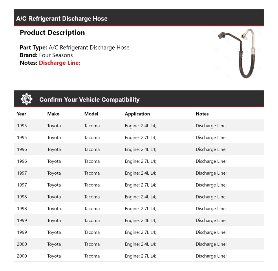 Mangueira de descarga de refrigerante A/C Toyota Tacoma 1995-2000 4 estações 1996 1997 - Imagem 2 de 4