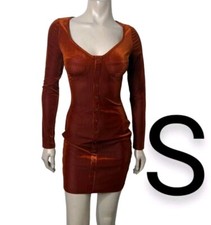   Velvet Corduroy Rust Red Burgundy Ribbed Button Decor Design Mini Dress Size S