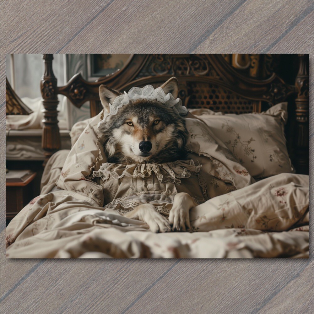 Impresión artística lobo vestido de abuela cuento de hadas cama caperucita roja divertida rara