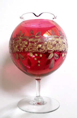 Vintage Hand Painted Cranberry Ball, Ruffle Edge Glass Vase Elegant 6" Height - Picture 5 of 8