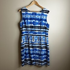 Tahari Linen Midi Dress Sz 12P Sleeveless Blue Abstract Stripe Coastal Summer