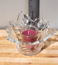 Vintage 6" Heavy Clear Crystal Maple Leaf Shaped Candle Holder /Candy Dish