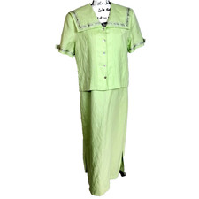 Vtg Embroidered Linen Sailor Maxi Dress Suit Sz 14 Green Cottagecore Coquette