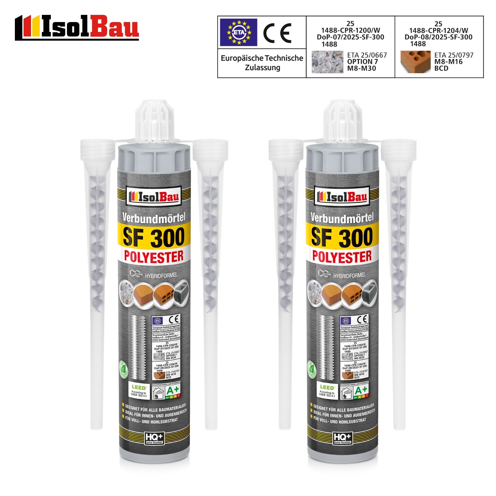 Verbundmörtel SF 300 Injektionsmörtel 2 x 300 ml Mörtel Klebemörtel 4 x Mischer