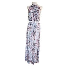 Chetta B Maxi Dress size 10 Watercolor floral print purple blue hues high neck