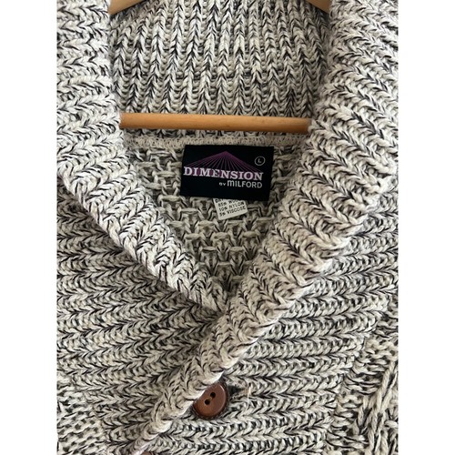 Vintage 80s Wool Blend Shawl Collar Sweater Marled Black White Knit Large - 第 4/7 張圖片