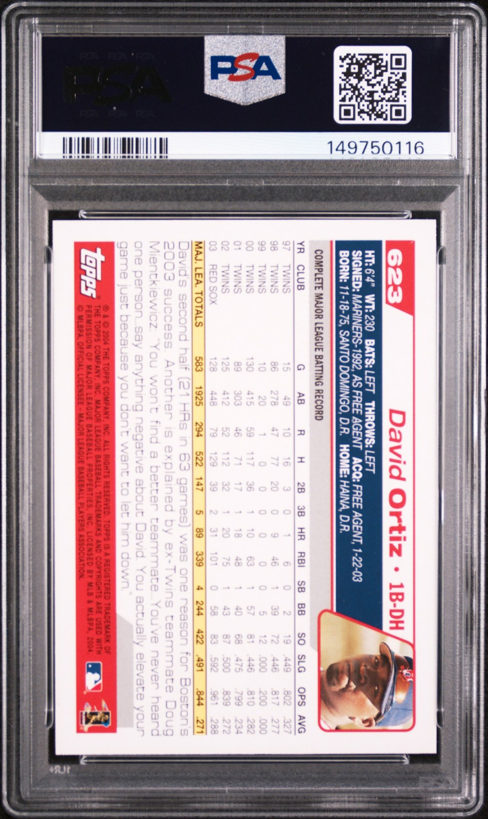 2004 TOPPS #623 DAVID ORTIZ PSA 8 view 2