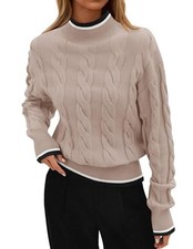 Women's Casual Long Sleeve Mock Neck Cable Knit Contrast Color Medium Almond