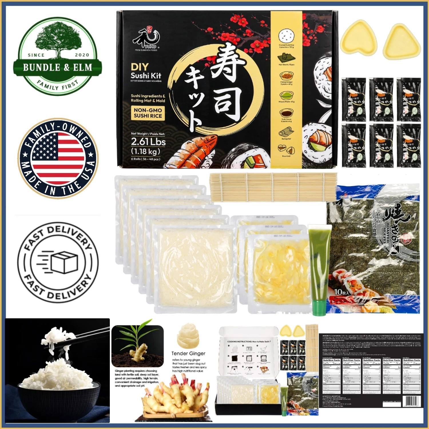 Japanese Sushi Ingredients Kit with Ginger, Soy Sauce, and Seaweed Sheets