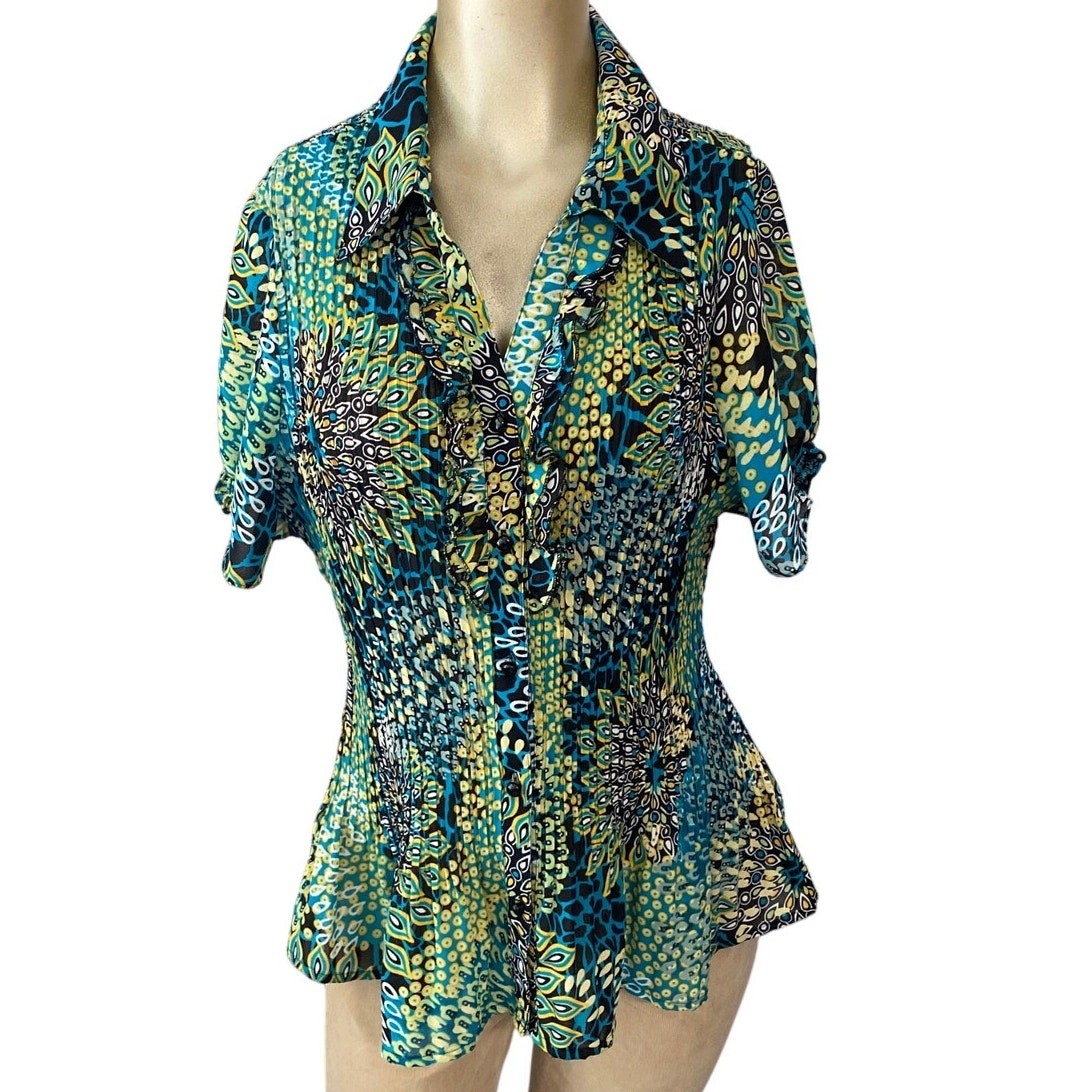 Dressbarn Y2K Women Size XL Retro Blouse Top Ruffle Front Button Down