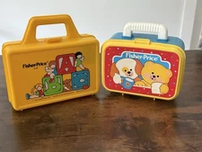 Vintage 1979 And 1992 Fisher Price Play Lunchboxes. One W/ Thermos. Other W/food