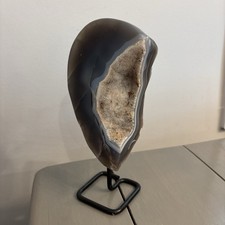 Purple Gray Agate Geode Half on Metal Stand Natural Stone Display Decor