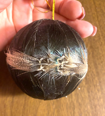Unique Fully Covered w Feathers Plastic Round Christmas Ornament 2 3/4''