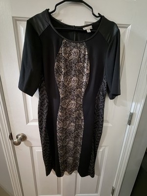 cb established 1962 Black Beige Paisley Faux Leather Knit Sheath Dress 16