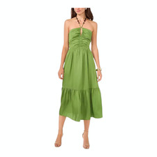 1.STATE Beaded Halter Midi Dress Salted Green Ruched Keyhole Tiered Skirt Size 2
