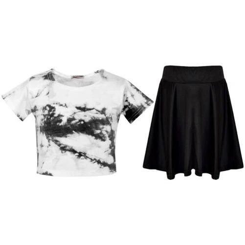 Kids Girls Crop Top & Skirt Black Tie Dye Print Summer Outfit Clothing Sets
