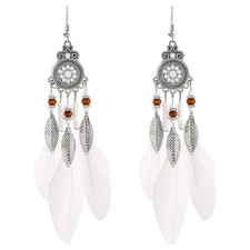 Bohemian Feather Earrings for Women, Handmade Dream Catcher Dangle White