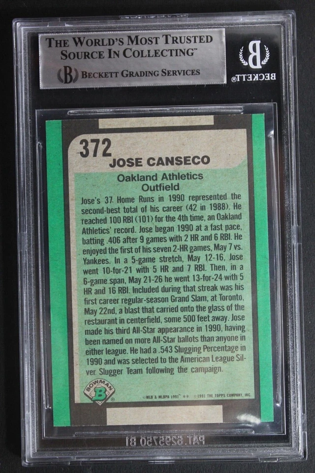 Jose Canseco Oakland A's Autograph 1991 Bowman #372 Signed Card BAS  - Image 2 of 3