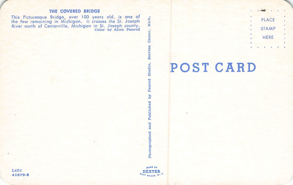 ST JOSEPH RIVER COVERED BRIDGE POSTCARD CENTREVILLE MI MICHIGAN 1950s