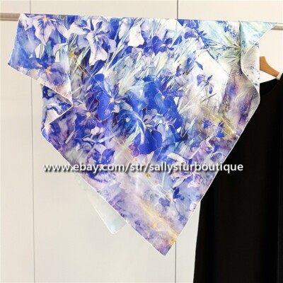 Sallys Boutique Mulberry Silk Wrap Shawl Flower Print Square Scarf 110cm Purple