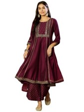 Women's Silk Blend Striped Anarkali Embroidered Kurta Palazzo With Dupatta