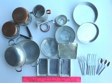 Vintage TOY SET ALUMINUM KITCHEN COOKWARE Pans, Utensils, Pots, Cups 1950's VGC